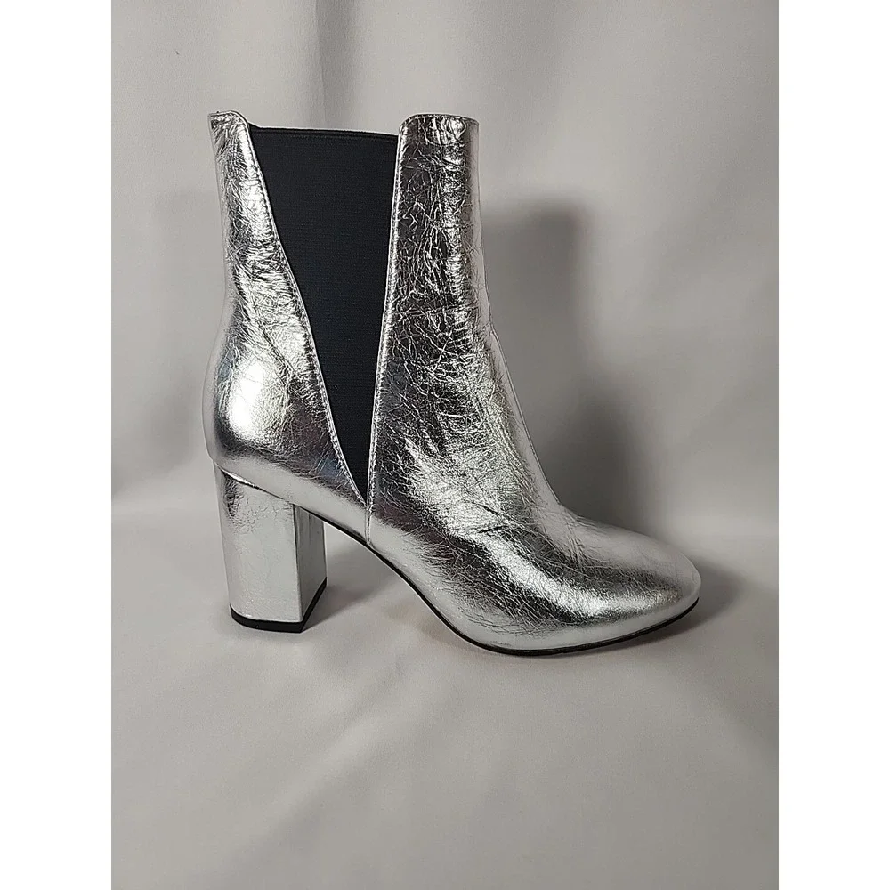 REBECCA MINKOFF Silver Serena Block Heel Slip On Leather Chelsea Booties Women 6
